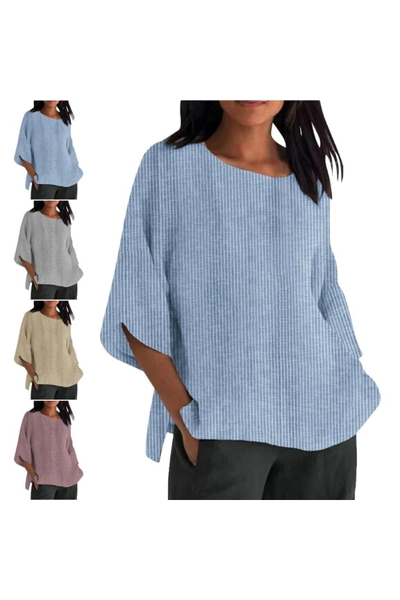 3/4 Length Sleeve Womens Tops Round Neck Women's Summer Striped Round Neck Loose Cotton And Linen Top T Shirt 3/4 Sleeve Plus Size Tops for Women,Light Blue,S