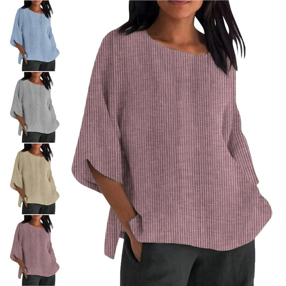 3/4 Length Sleeve Womens Tops Round Neck Women's Summer Striped Round Neck Loose Cotton And Linen Top T Shirt 3/4 Sleeve Plus Size Tops for Women,Red,2XL