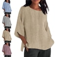 thumbnail image 1 of 3/4 Length Sleeve Womens Tops Round Neck Women's Summer Striped Round Neck Loose Cotton And Linen Top T Shirt 3/4 Sleeve Tops for Women,Beige,L, 1 of 6