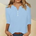 thumbnail image 1 of Maoxin 3/4 Length Sleeve Womens Tops Women's Cotton And Linen Top Fashionable Solid Color Button Up Shirt Women's V Neck Loose T Shirt Top Sleeve 3/4 Sleeve Plus Size Tops for Women Sky Blue S, 1 of 8