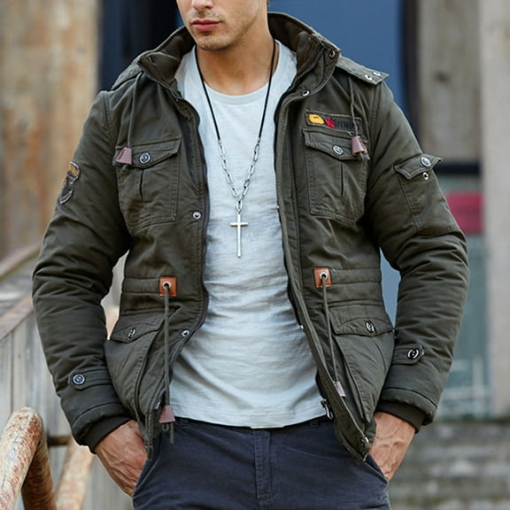 Maoxin Men's Retro Thick and Fleece Workwear Solid Color Pocket Zipper Long Sleeved Detachable Hooded Casual Jacket , Army Green , L