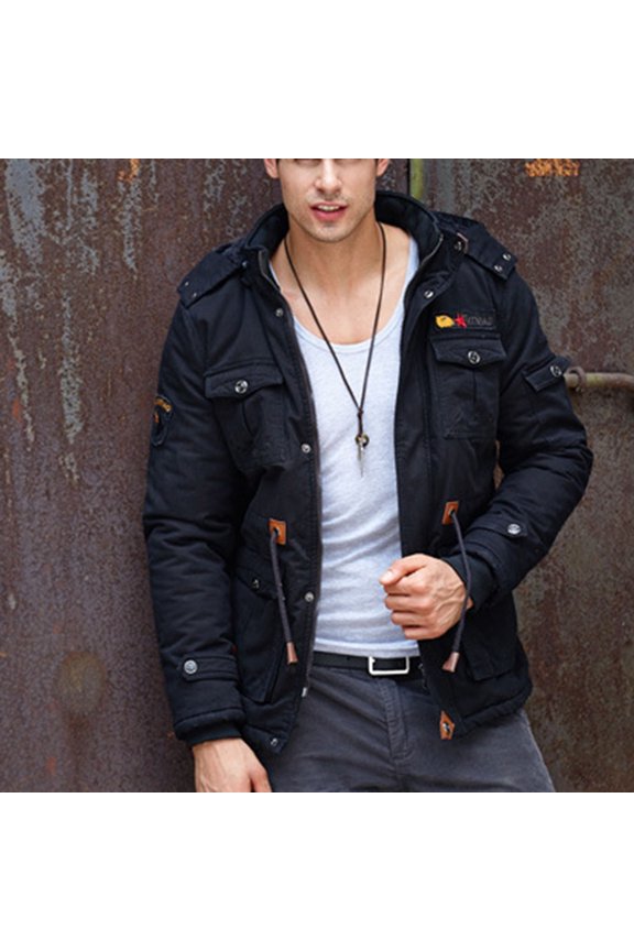 Men's Retro Thick and Fleece Workwear Solid Color Pocket Zipper Long Sleeved Detachable Hooded Casual Jacket , Black , M
