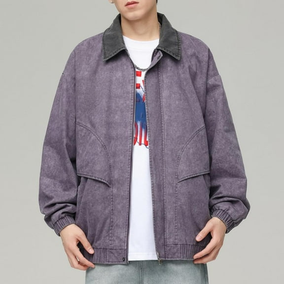 Maoxin Casual Jackets for Men Men Fashion And Casual Loose Collar Patchwork Color Blocking Versatile Jacket Youth Jacket Zipper Pocket Long Sleeved Hooded Denim Jacket Spring/Autumn Clothing Purple M