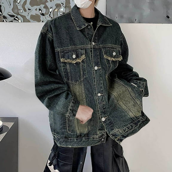 Maoxin Casual Jackets for Men Casual Retro Tie Button Pocket Long Sleeve Hoodless Denim Outwear Jacket Spring/Autumn Clothing Blue L