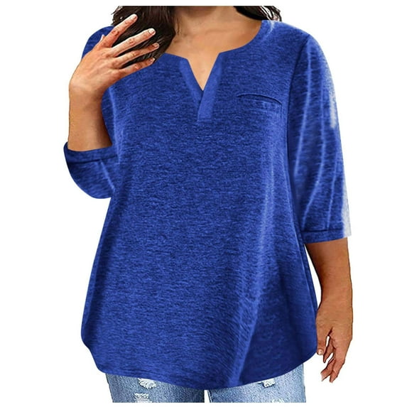 Maoxin Cute Summer Tops for Women Plus Size For Women Sexy V Neck Blouse Solid Casual Loose Summer 3/4 Sleeve Blouse Tops for Women Trendy Blue L