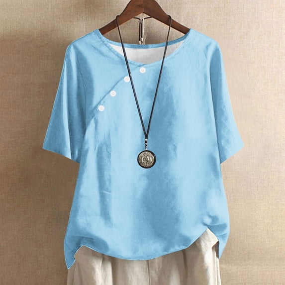 Maoxin Cute Summer Tops for Women Solid Color Casual Round Neck Linen Knot Linen Button Short Sleeved Tops for Women Trendy Blue 4XL