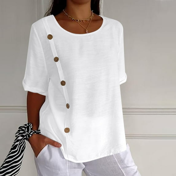Maoxin Cute Summer Tops for Women Solid Cotton And Linen Button Half Sleeve Casual Shirt Tops for Women Trendy White XL