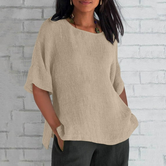 Maoxin Cute Summer Tops for Women Womens Solid Color CrewNeck Loose Blouse Half Sleeve Casual Work Shirt Tunic Tops for Women Trendy Khaki S