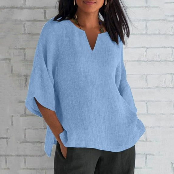 Maoxin Cute Summer Tops for Women's Fashion Summer Neck Three Quarter Sleeve Solid Plus Size Summer Tops for Women Blue 2XL
