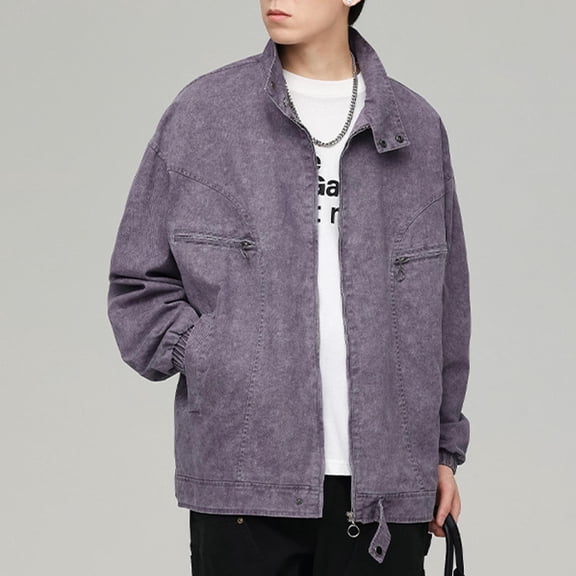 Maoxin Jackets for Men American Retro Solid Color Zipper Pocket Fashionable Casual Men Jacket Fall And Winter Loose Long Sleeved Hooded Denim Jacket Casual Jackets for Men Purple 2XL