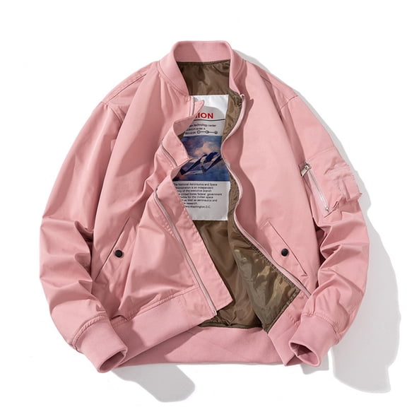 Maoxin Jackets for Men Solid Color Casual Loose Fitting Long Sleeved Hooded Baseball Uniform Jacket Long Sleeve Hoodless Casual Outwear Jackets Pink M