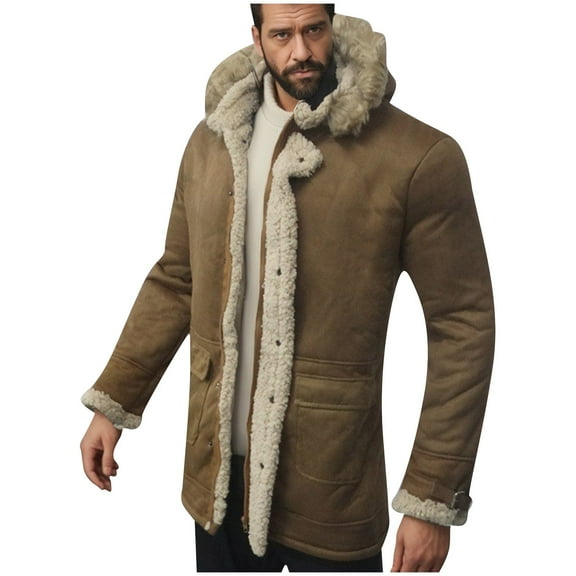 Maoxin Jackets for Men Fashion Casual Faux Fleece Heavy Coat Long Sleeve Hoodless Casual Coat/jacket Khaki 2XL
