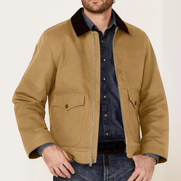 Maoxin Jackets for Men Fashion Casual Trend Solid Color Long-sleeved Hoodless Casual Coat/jacket Khaki L