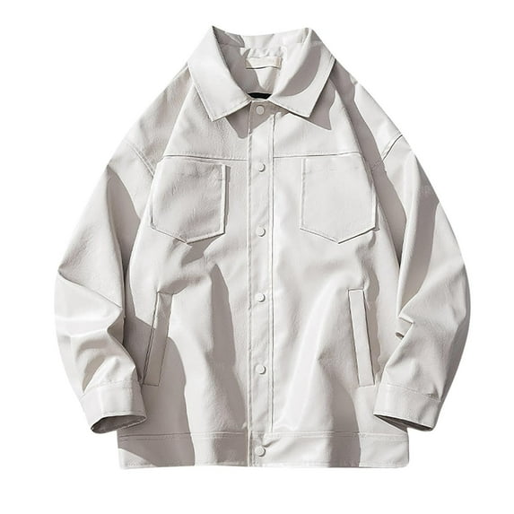 Maoxin Jackets for Men Lapel Leather Jacket Casual Loose Men's Leather Jacket Solid Color Long Sleeved Hooded Casual Jacket/jacket Beige 2XL