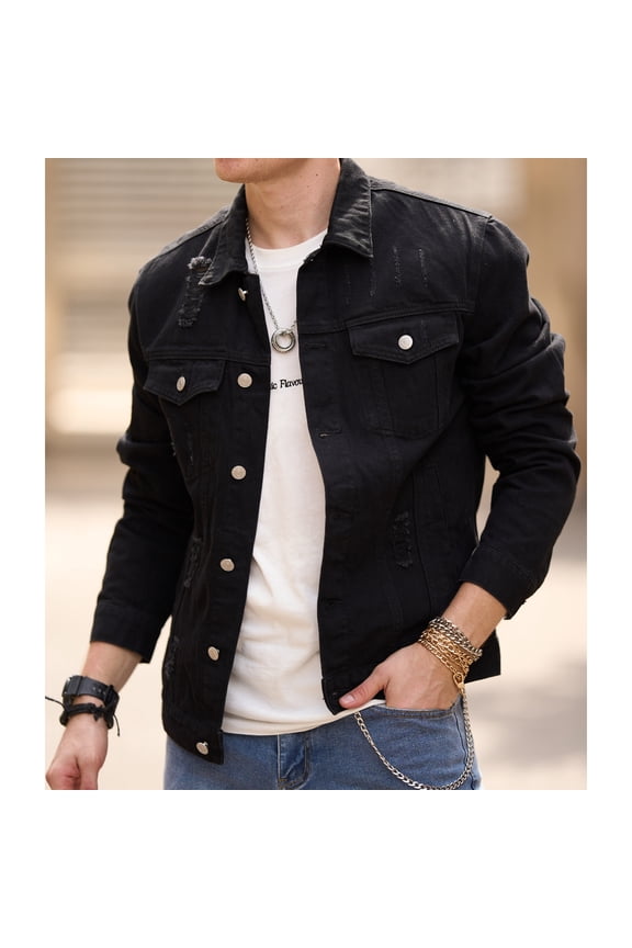 Jackets for Men Lapel Multi pocket Wear Hole Button Denim Outwear Trend Long Sleeve Jacket Coat Casual Jackets for Men Black XL