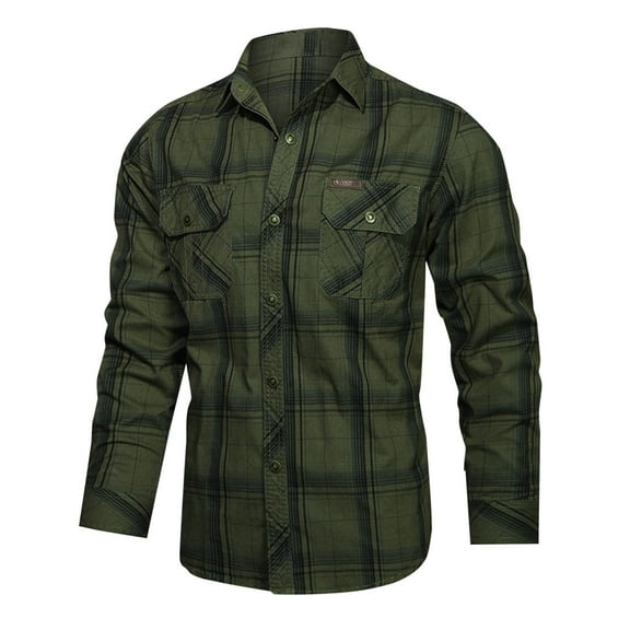 Maoxin Jackets for Men Lattice Casual Pocket Button Long Sleeves Shirt Work Clothes Loose Coat Casual Jackets for Men Army Green M
