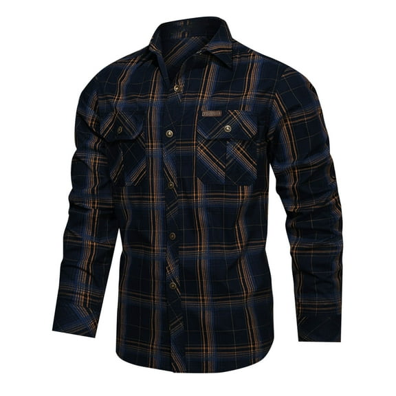 Maoxin Jackets for Men Lattice Casual Pocket Button Long Sleeves Shirt Work Clothes Loose Coat Casual Jackets for Men Dark Blue M