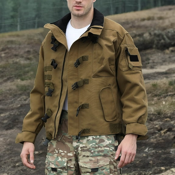 Maoxin Jackets for Men Locomotive Tactics Jacket Zipper Pocket Outdoors Military Enthusiast Loose Coat Casual Jackets for Men Khaki 2XL