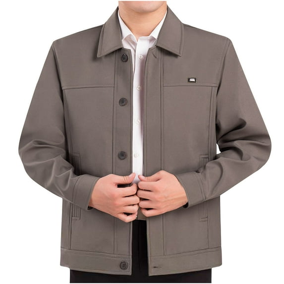 Maoxin Jackets for Men Solid Color Button Pocket Long Sleeved Lapel Casual Jacket Gray 3XL