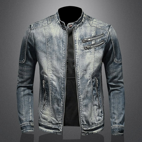 Maoxin Jackets for Men Solid Color Button Pocket Slim Fashion Casual Work Denim Jacket Gray 2XL