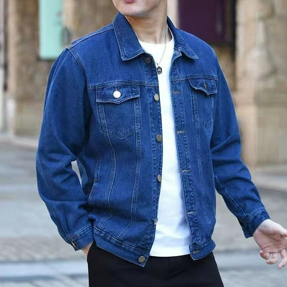 Maoxin Jackets for Men Solid Color Denim Button Pocket Fashionable Long Sleeved Hooded Denim Jacket Casual Jackets for Men Light Blue 2XL