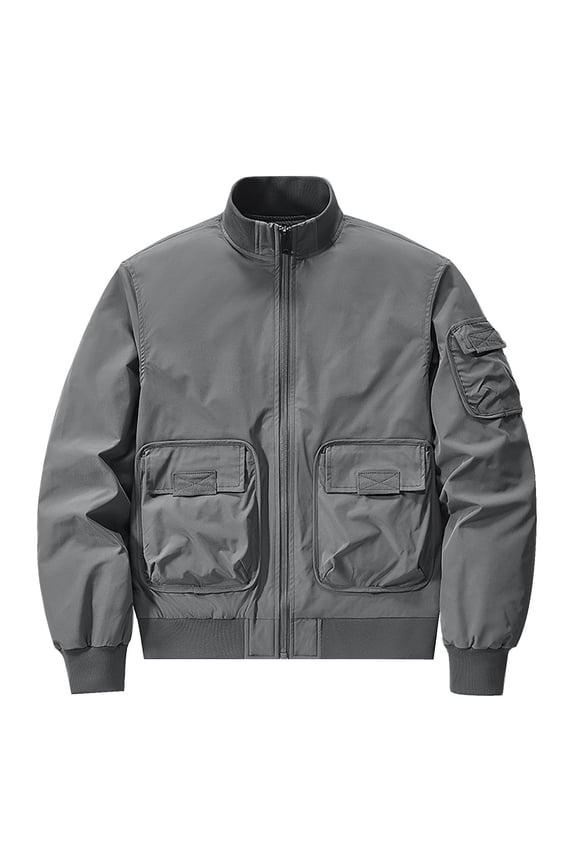 Jackets for Men Solid Color Pocket Loose Motorcycle Outdoor Flight Suit Plus Size Workwear Jacket Gray M