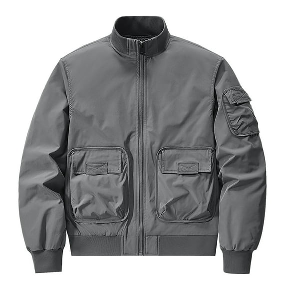 Maoxin Jackets for Men Solid Color Pocket Loose Motorcycle Outdoor Flight Suit Plus Size Workwear Jacket Gray M