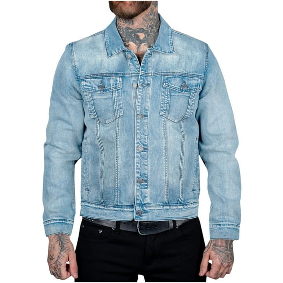 Maoxin Jackets for Men Vintage Motorcycle Solid Color Button Pocket Long Sleeved Denim Jacket Casual Jackets for Men Light Blue S