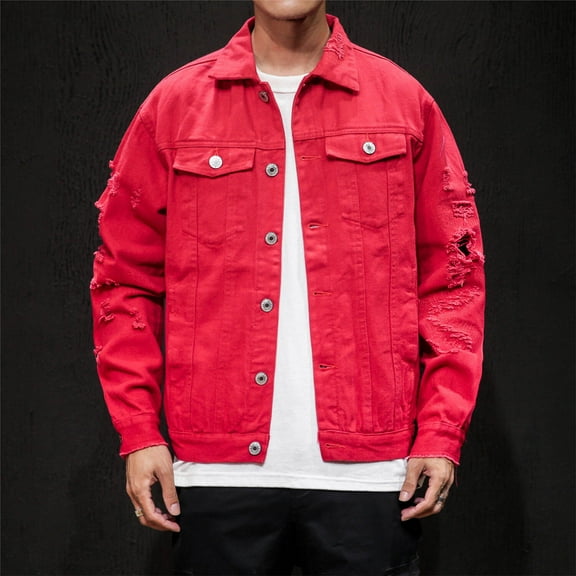 Maoxin Jackets for Men Vintage Motorcycle Solid Color Button Pocket Long Sleeved Denim Jacket Casual Jackets for Men Red M