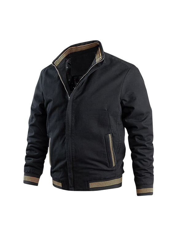 Jackets for Men Vintage Warm Solid Color Zipper Pocket Long Sleeved Casual Jacket Black M