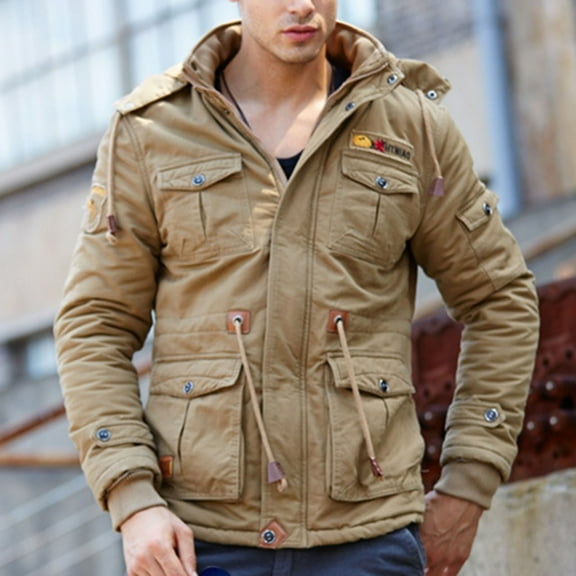 Maoxin Men's Retro Thick and Fleece Workwear Solid Color Pocket Zipper Long Sleeved Detachable Hooded Casual Jacket , Khaki , XL