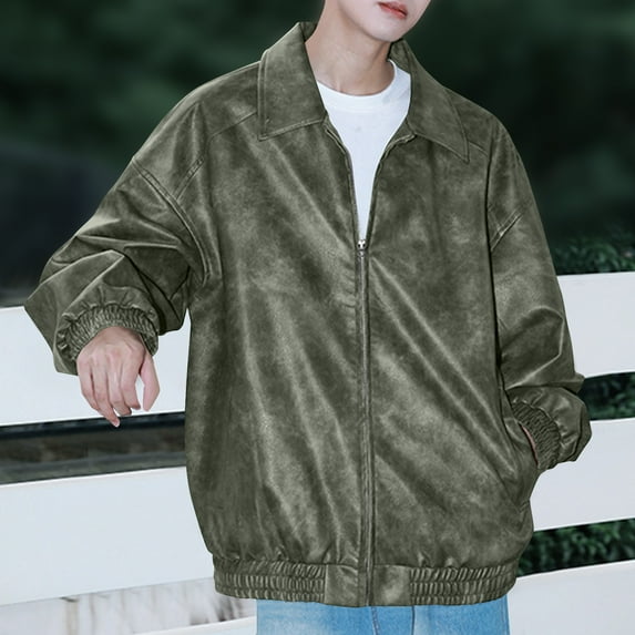 Maoxin Leather Jacket Men Fashion Men's Solid Color Long Sleeve Hoodless Faux Leather Outwear Jackets Plus Size Leather Jacket Green M