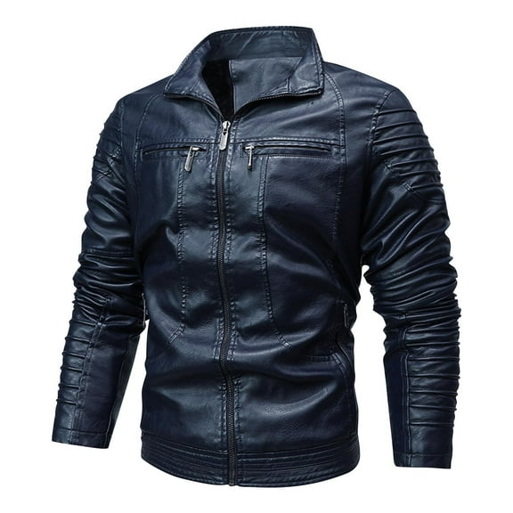 Maoxin Leather Jacket Men Men Leather Jacket Multiple Pockets Zipper Loose Coat Solid Color Long Sleeved Hooded Leatherwear Coat Plus Size Leather Jackets for Men Blue L