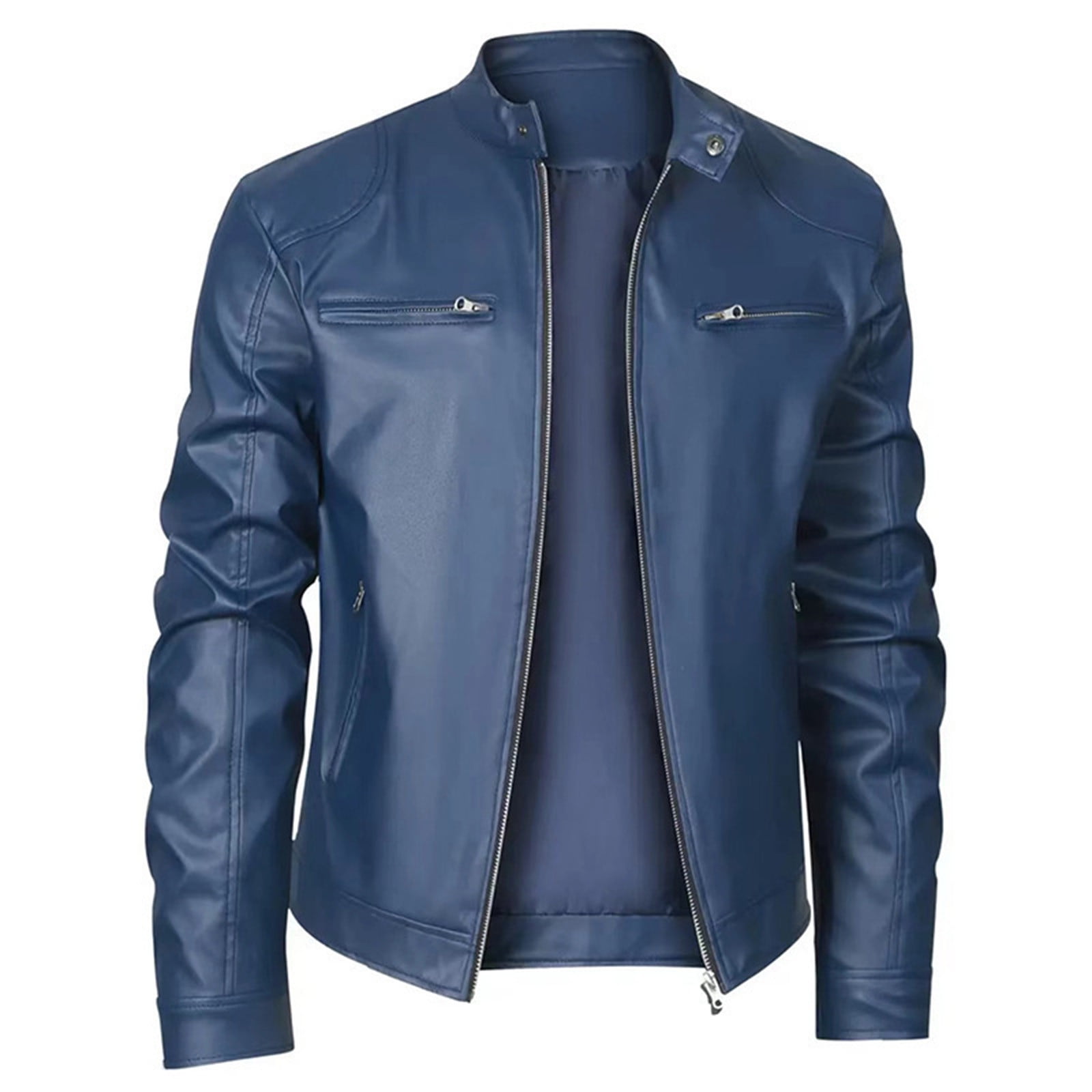 Maoxin Leather Jacket Men Men Stand Collar Zipper Pocket Solid Color Suit Long Sleeved Hatless Leatherwear Loose Coat Jacket Plus Size Jackets for Men Blue L