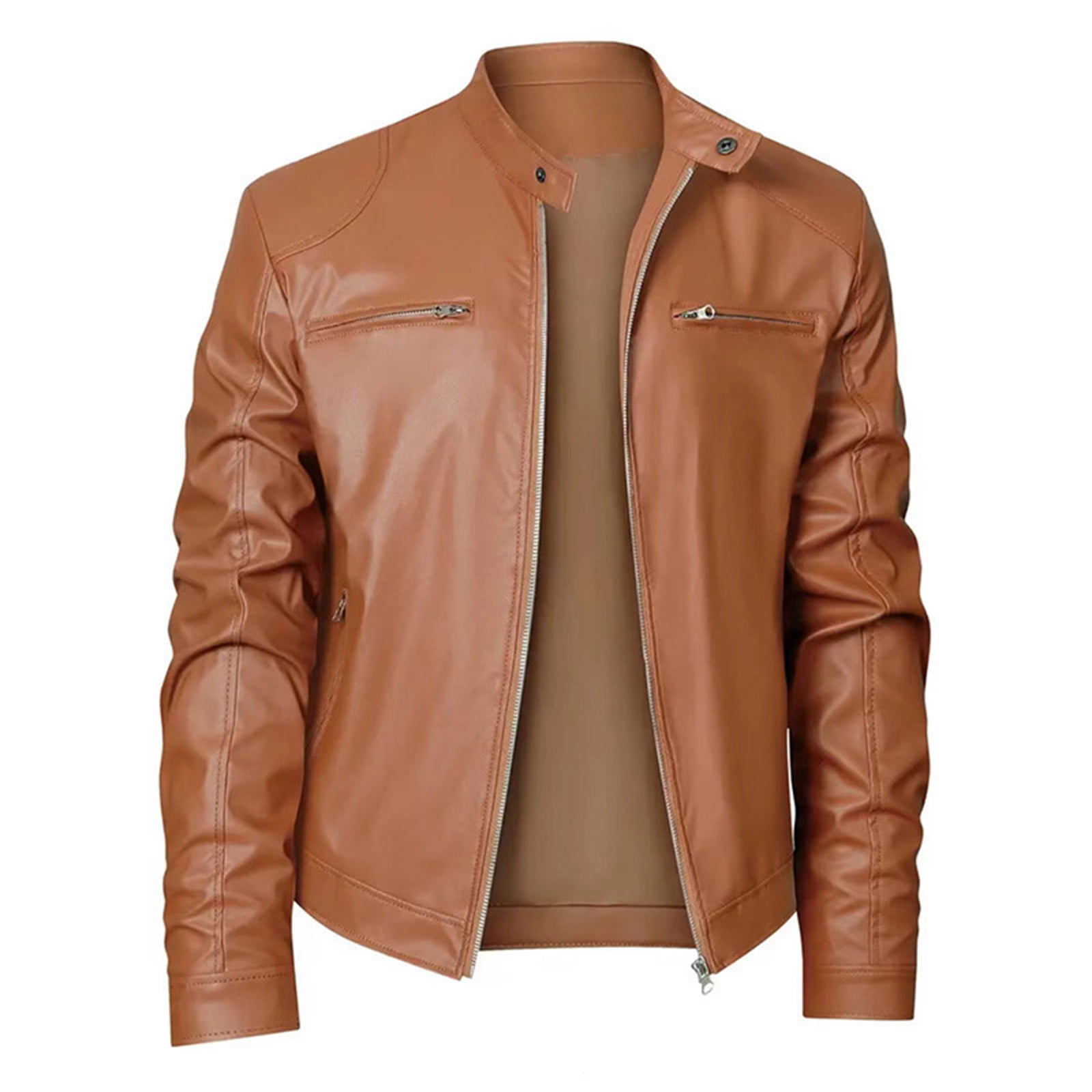 Maoxin Leather Jacket Men Men Stand Collar Zipper Pocket Solid Color Suit Long Sleeved Hatless Leatherwear Loose Coat Jacket Plus Size Leather Jacket Khaki 4XL