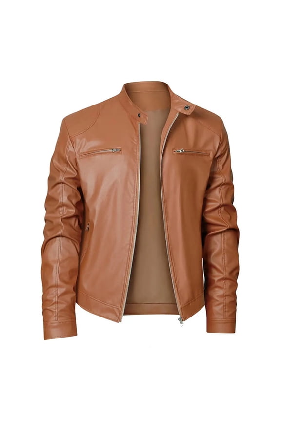 Leather Jacket Men Men Stand Collar Zipper Pocket Solid Color Suit Long Sleeved Hatless Leatherwear Loose Coat Jacket Plus Size Leather Jacket Khaki 4XL