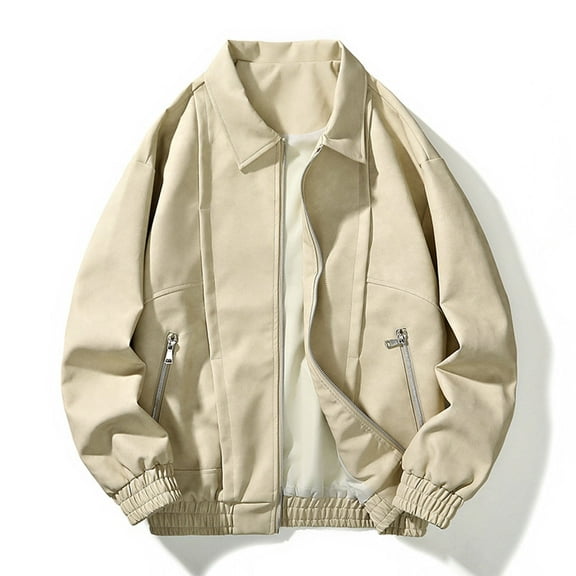 Maoxin Leather Jacket Men Men's Casual Loose Fitting Long Sleeved Hooded Jacket Long Sleeve Hoodless Faux Leather Outwear Jackets Plus Size Leather Jacket Beige 2XL