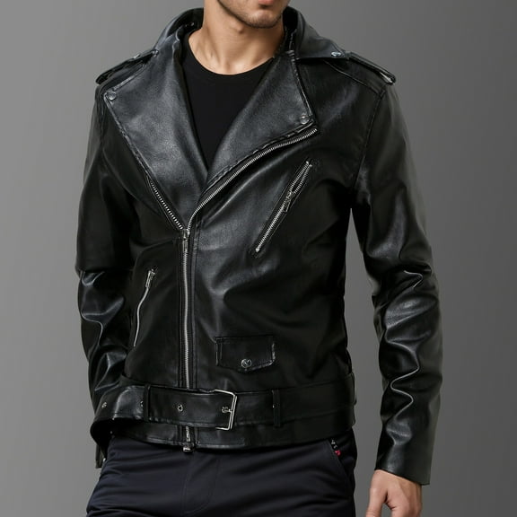 Maoxin Leather Jacket Men Men's Collar Leather Jacket Casual Loose Men's Top Solid Color Long Sleeved Hooded Leather Jacket/Jacketss for men Black S