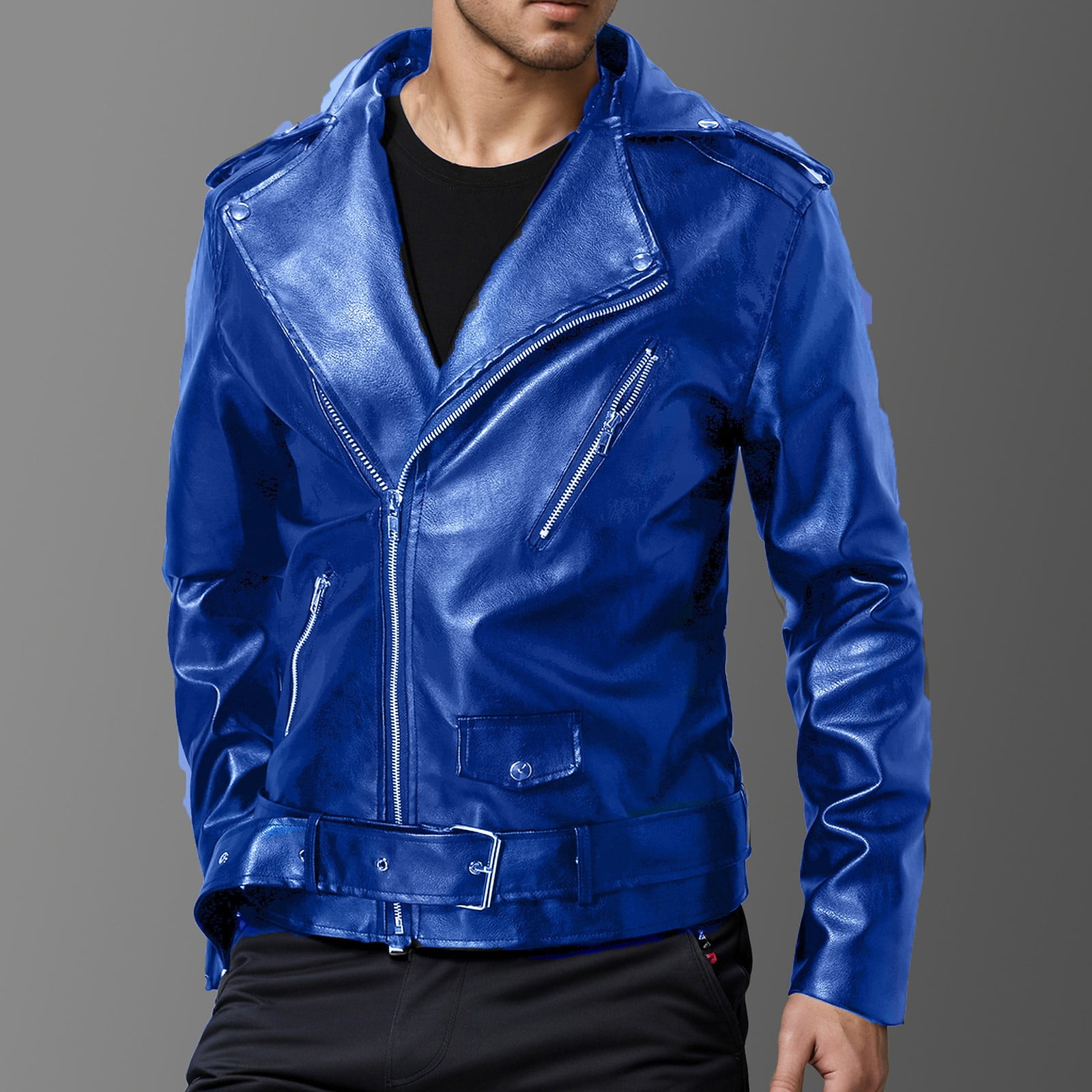 Maoxin Leather Jacket Men Men's Collar Leather Jacket Casual Loose Men's Top Solid Color Long Sleeved Hooded Leather Jacket/jacket Plus Size Leather Jacket Blue 2XL