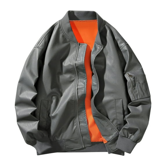 Maoxin Leather Jacket Men Men's Dashion Motorcycle Solid Color Zipper Pocket Leather Long Sleeved Hooded Jacket Plus Size Leather Jacket Dark Gray L