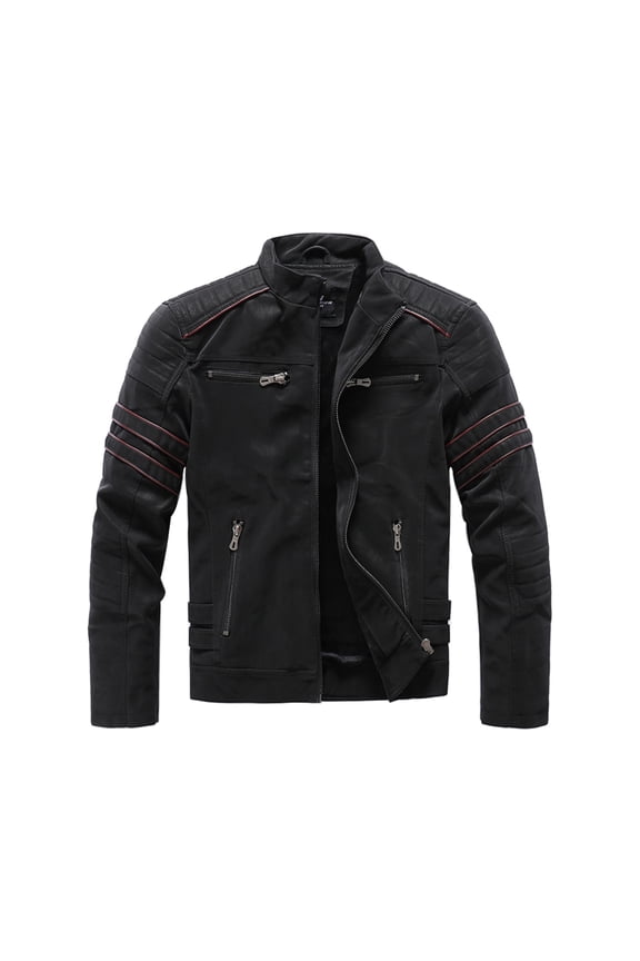 Leather Jacket Men Men's Dashion Motorcycle Solid Color Zipper Pocket Leather Long Sleeved Hooded Jacket Plus Size Leather Jackets for Men Black M