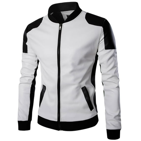 Maoxin Leather Jacket Men Men's Fashion Casual Solid Color Zipper Pockets Long Sleeve Hoodless Casual Outwear Plus Size Jackets for Men White XL