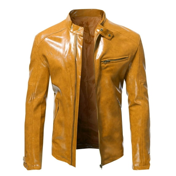 Maoxin Leather Jacket Men Men's Fashion Casual Solid Color Zipper Pockets Long Sleeve Hoodless Casual Outwear Plus Size Leather Jackets for Men Yellow 5XL