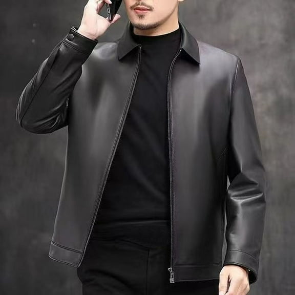 Maoxin Leather Jacket Men Men's Fashion Vintage Motorcycle Solid Color Zipper Pocket Leather Long Sleeved Hooded Jacketss for men Black S
