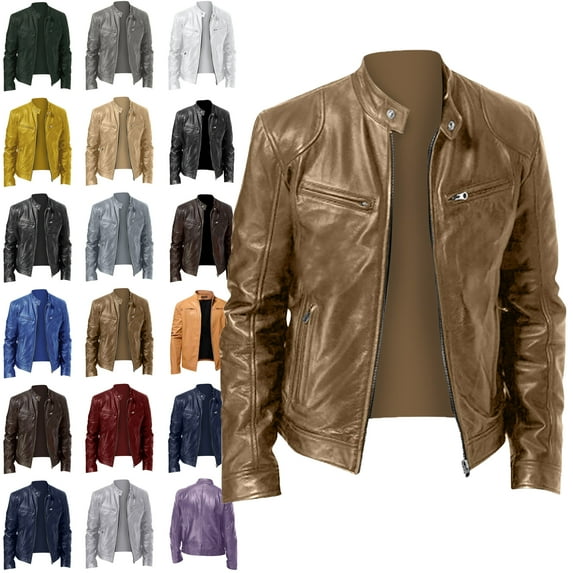 Leather Jacket Men Men's Solid Color Long Sleeved Casual Leather Jacket Long Sleeve Hoodless Faux Leather Outwear Jackets Plus Size Leather Jackets for Men Khaki 4XL