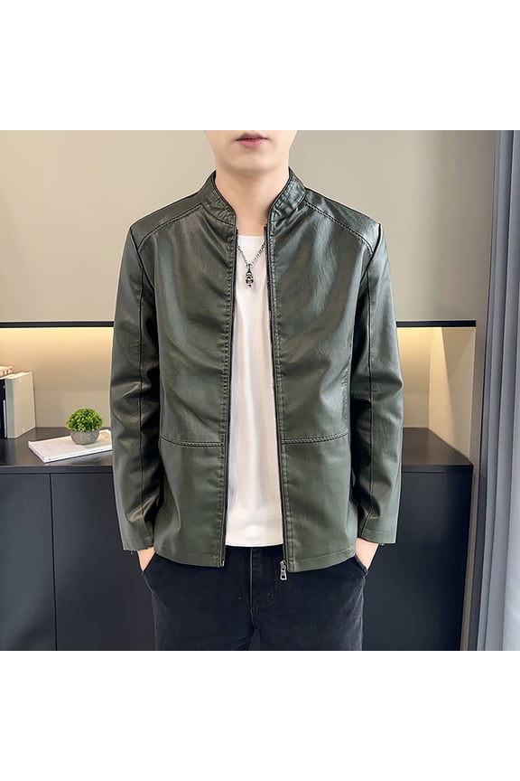 Leather Jacket Men Men's Stand Up Collar Business Casual Leather Jacket Zipper Cardigan Jacket Plus Size Leather Jacket Army Green 6XL