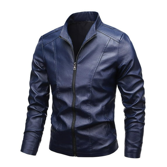 Maoxin Leather Jacket Men Men's Winter Long Sleeved Leather Motorcycle Jacket Zipper Coat Long Sleeve Hoodless Faux Leather Jackets Plus Size Leather Jackets for Men Blue M