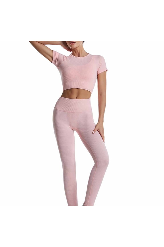 Maoxin Leggings Women's Fashion Casual Solid Color High Waist Elastic Yoga Suit Short Sleeved Shirt Pants Two Piece Suit Workout Leggings for Women Pink L