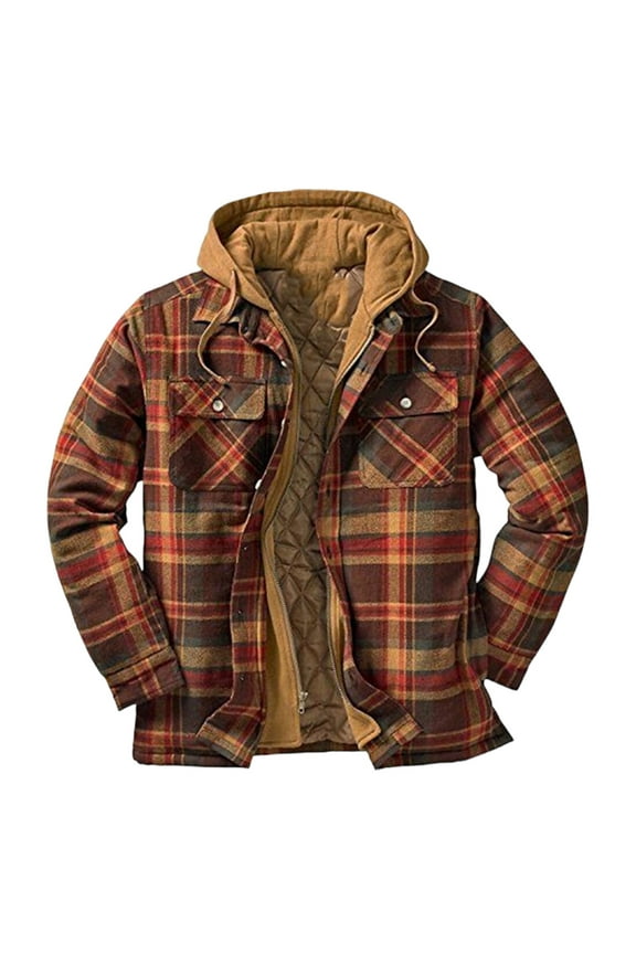 Men Jacket Men's Casual Fashionable Checkered Printed Button Pockets Fleece Long Sleeved Fake Two-Piece Hooded Jacket Jacket Coats , Brown , M