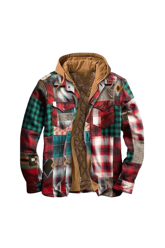 Men Jacket Men's Casual Fashionable Checkered Printed Button Pockets Fleece Long Sleeved Fake Two-Piece Hooded Jacket Jacket Coats , Multicolor , M